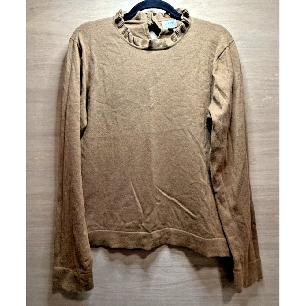 J. Crew Ruffle Neck Carmel Brown Sweater Pearl Button Size L Style AS298